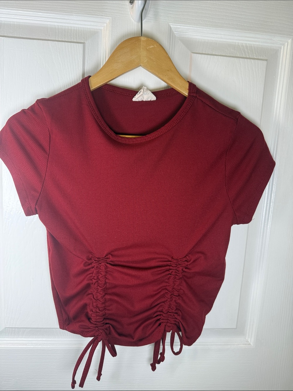 One Step Burgundy Ruched Crewneck Crop Top